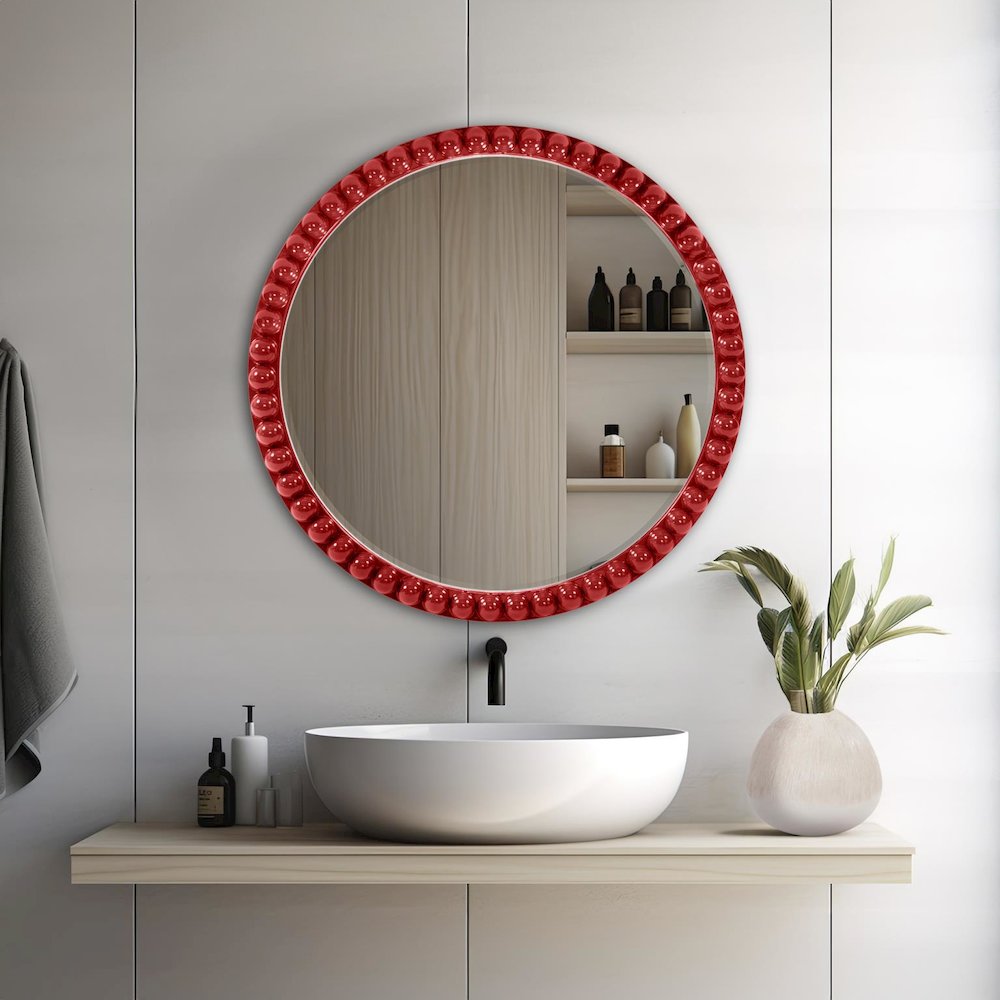 Varsha Round Oversized Beaded Mirror in Glossy Red. Picture 9