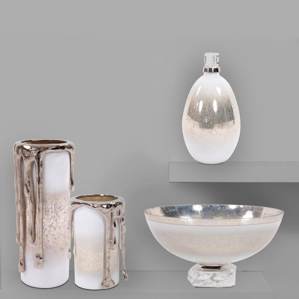 Arctic Glacier Glass Pillar Holder with Aluminum Molten Top Tall. Picture 2