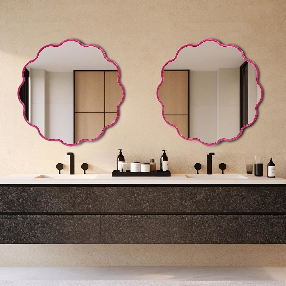 Kushi Round Scalloped Edge Mirror in Glossy Hot Pink. Picture 7