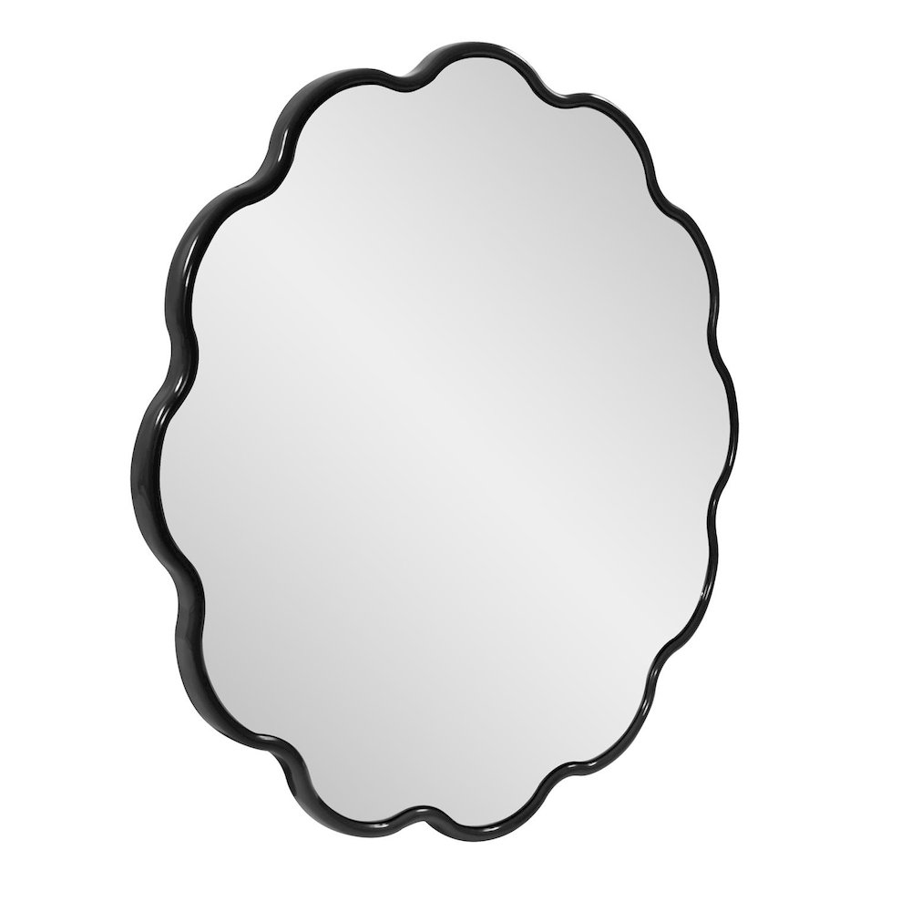 Kushi Round Scalloped Edge Mirror in Glossy Black. Picture 2