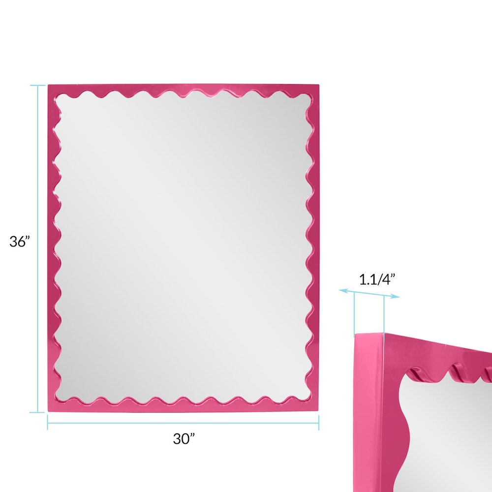 Santosh Rectangular Mirror with Inner Scalloped Edge in Glossy Hot Pink. Picture 8
