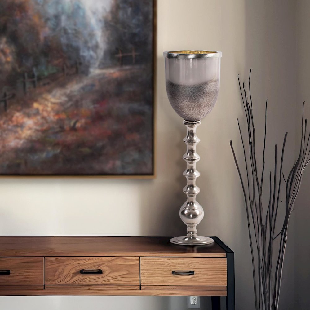 Black Diamond Glass Chalise on a Nickel Turned Metal Stand- Medium. Picture 8
