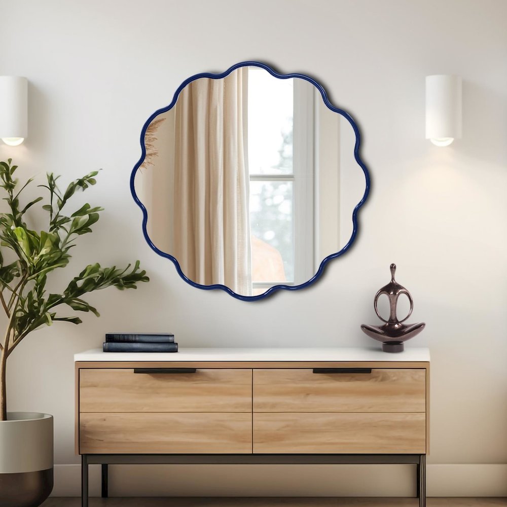 Kushi Round Scalloped Edge Mirror in Glossy Navy. Picture 9
