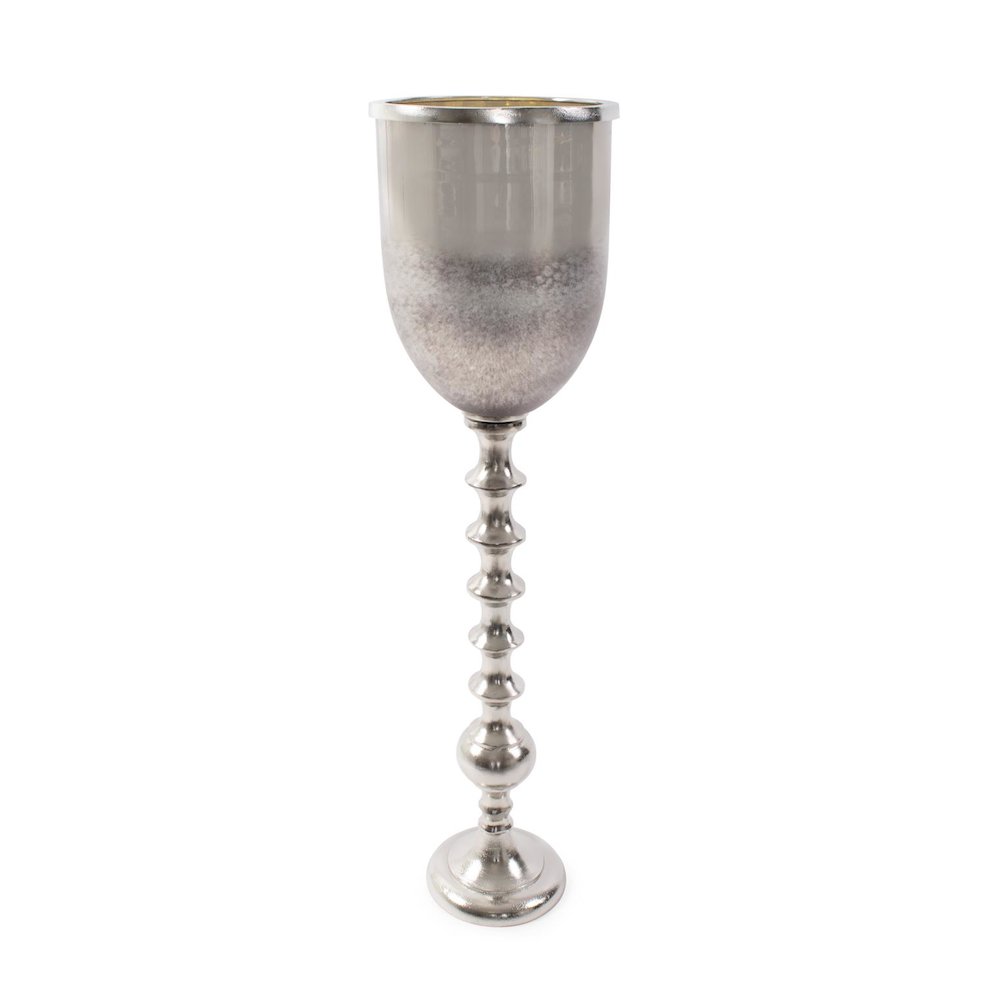 Black Diamond Glass Chalise on a Nickel Turned Metal Stand- Large. Picture 1