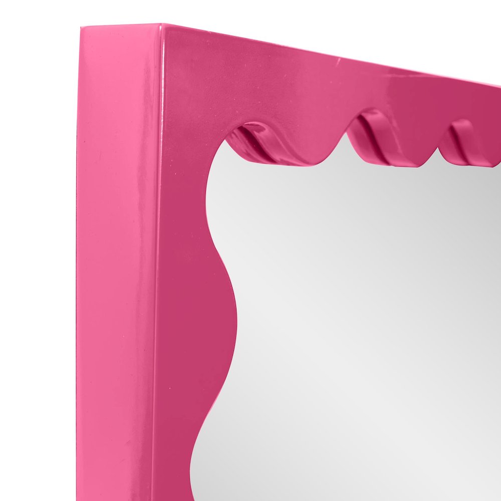 Santosh Rectangular Mirror with Inner Scalloped Edge in Glossy Hot Pink. Picture 3
