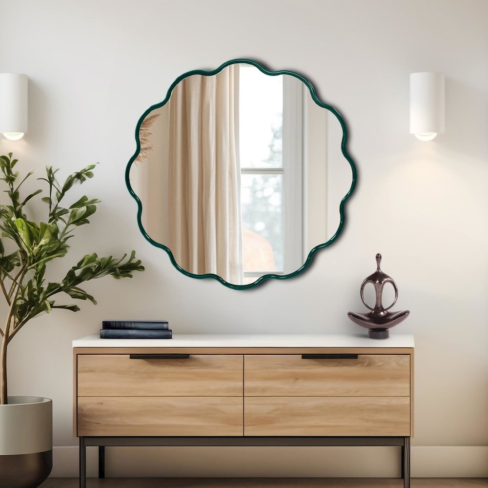 Kushi Round Scalloped Edge Mirror in Glossy Hunter Green. Picture 8