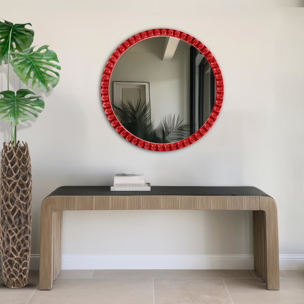 Varsha Round Oversized Beaded Mirror in Glossy Red. Picture 7