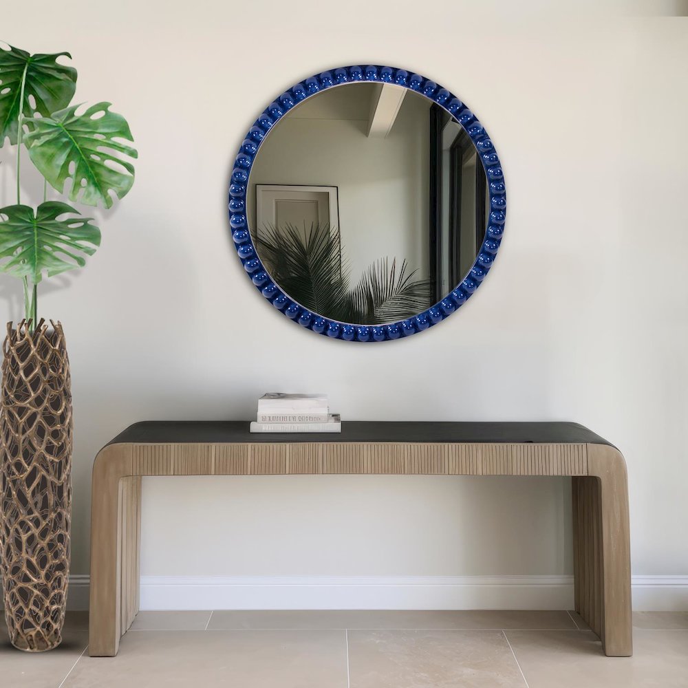 Varsha Round Oversized Beaded Mirror in Glossy Navy. Picture 9