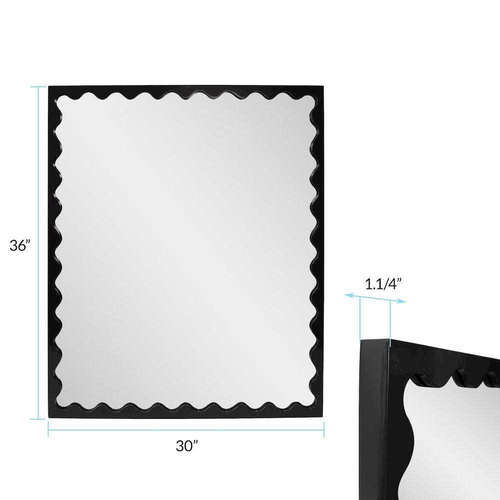 Santosh Rectangular Mirror with Inner Scalloped Edge in Glossy Black. Picture 8