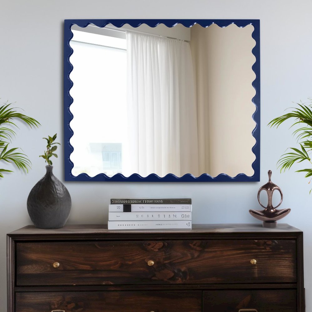 Santosh Rectangular Mirror with Inner Scalloped Edge in Glossy Navy. Picture 9