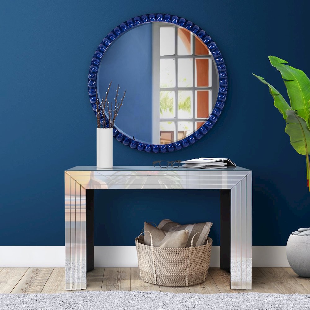 Varsha Round Oversized Beaded Mirror in Glossy Navy. Picture 8