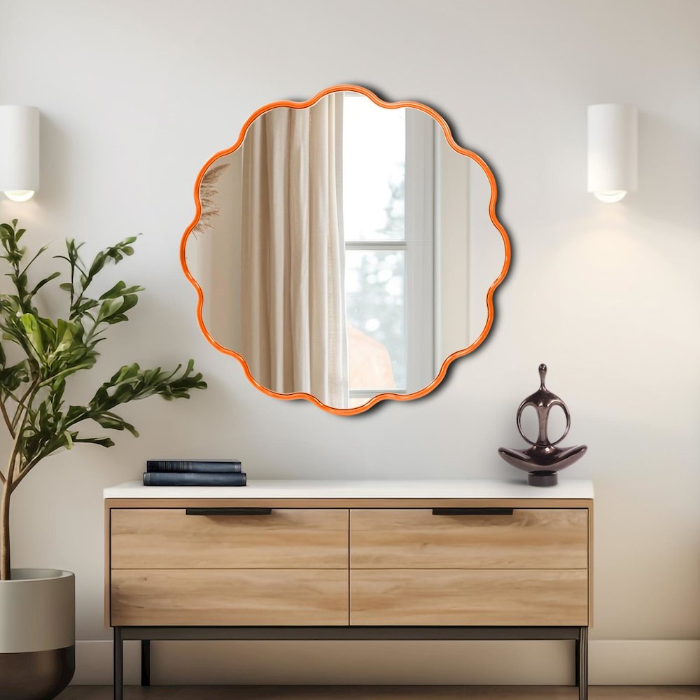 Kushi Round Scalloped Edge Mirror in Glossy Orange. Picture 9