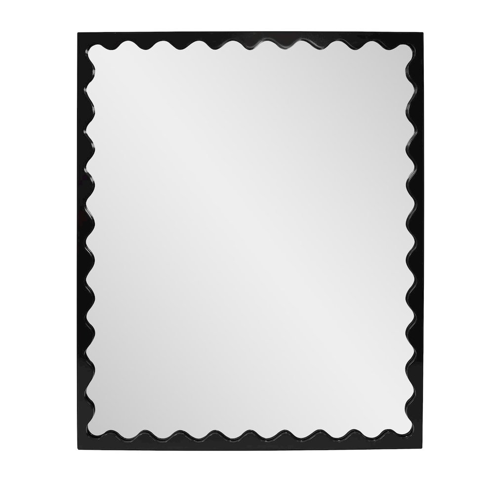 Santosh Rectangular Mirror with Inner Scalloped Edge in Glossy Black. Picture 1
