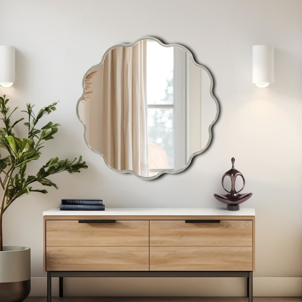 Kushi Round Scalloped Edge Mirror in Glossy Nickle. Picture 9