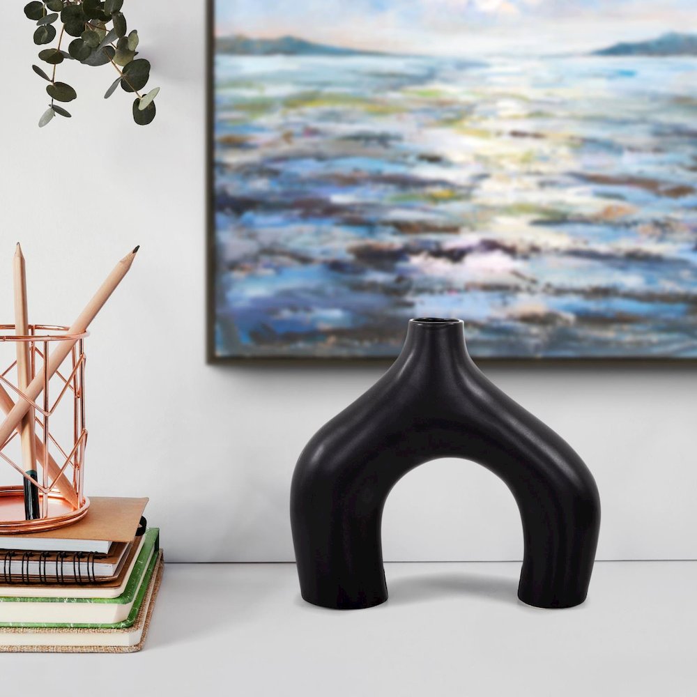 Beltram Black Modern Styled Ceramic Footed Vase. Picture 8