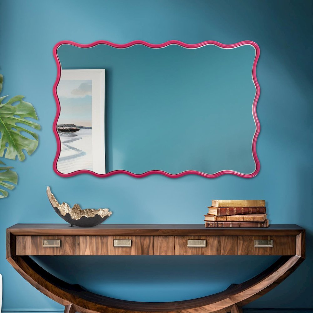 Maya Rectangular Waved Edge Mirror in Glossy Hot Pink. Picture 8