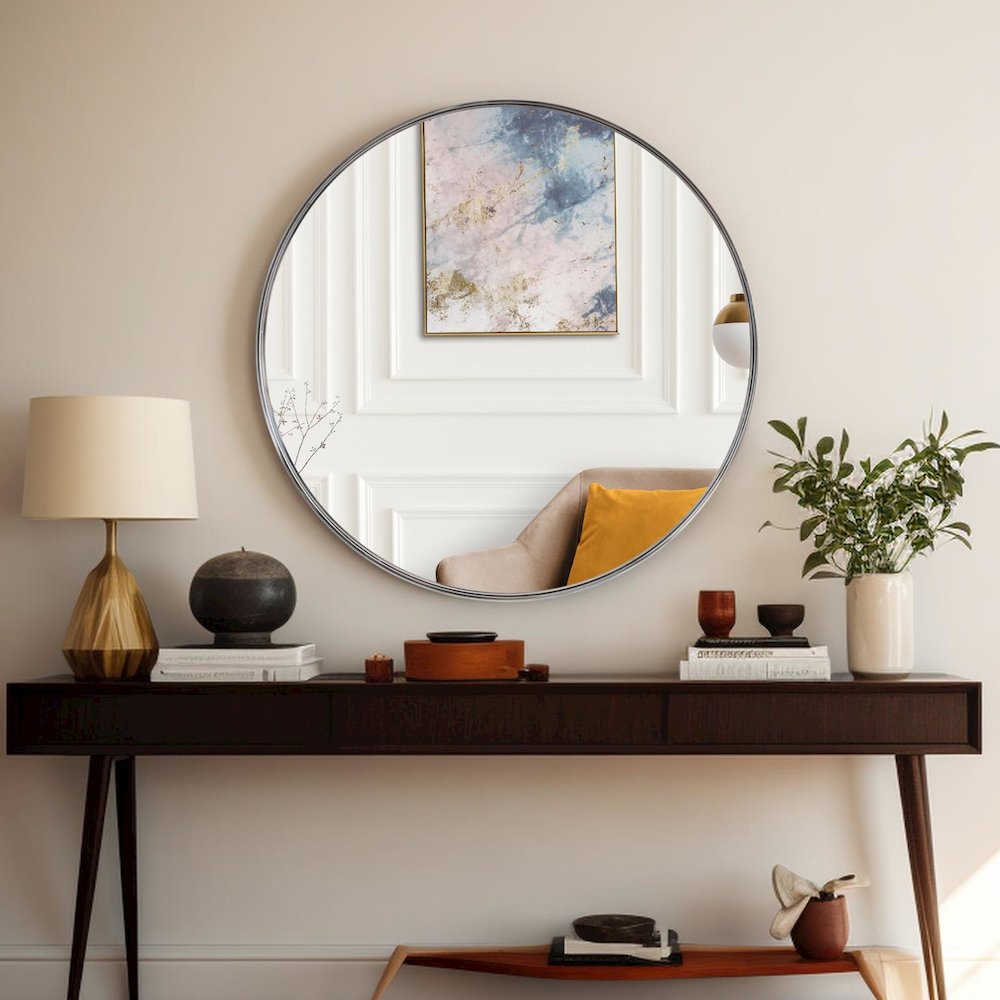 Steele Polished Silver Round Mirror. Picture 3