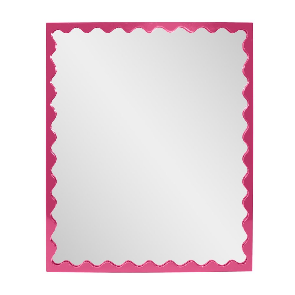 Santosh Rectangular Mirror with Inner Scalloped Edge in Glossy Hot Pink. Picture 1