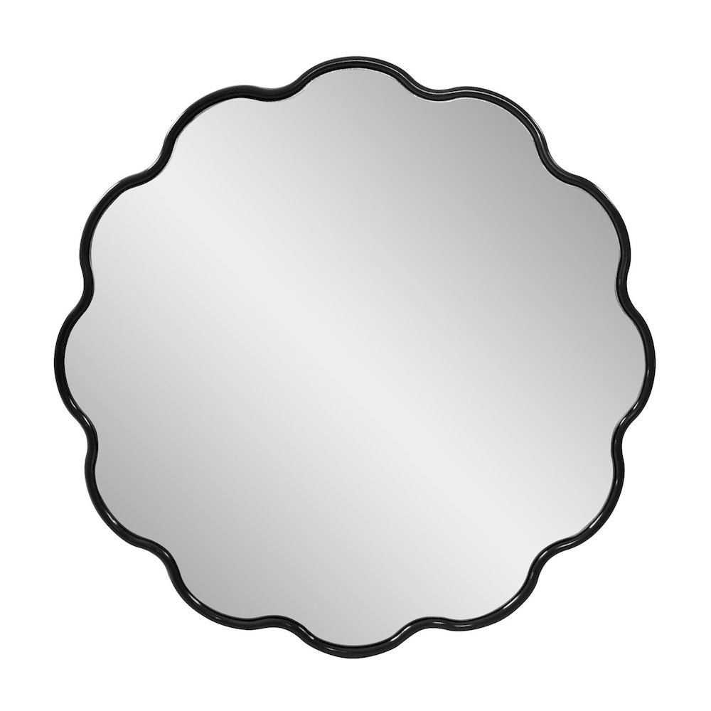 Kushi Round Scalloped Edge Mirror in Glossy Black. Picture 1
