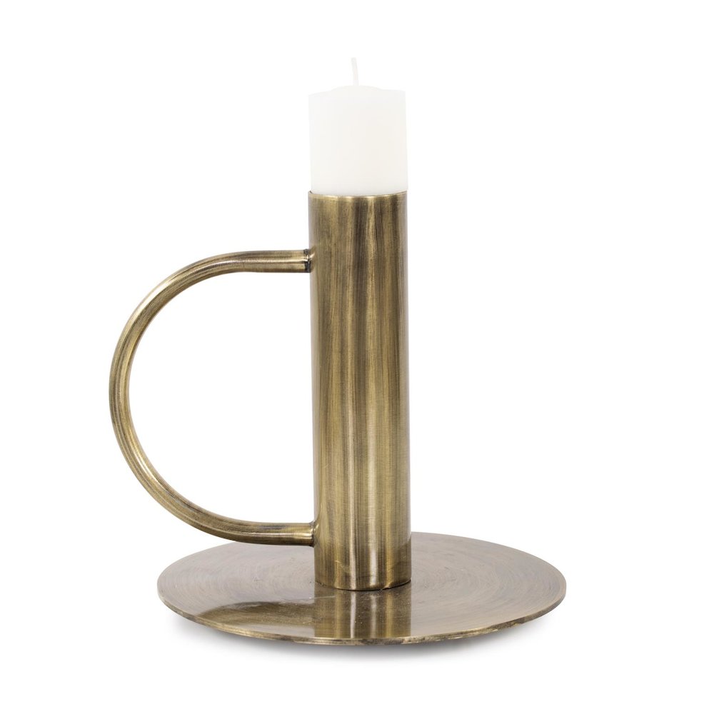 Italo Tall Antique Brass Candle Holder with Handle. Picture 1