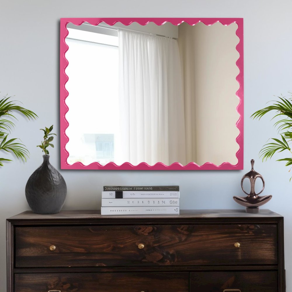 Santosh Rectangular Mirror with Inner Scalloped Edge in Glossy Hot Pink. Picture 9
