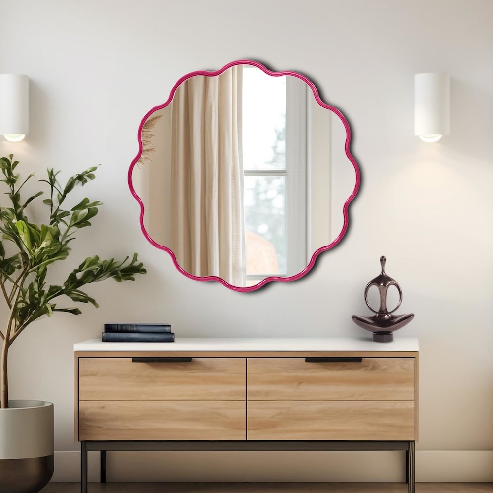Kushi Round Scalloped Edge Mirror in Glossy Hot Pink. Picture 9