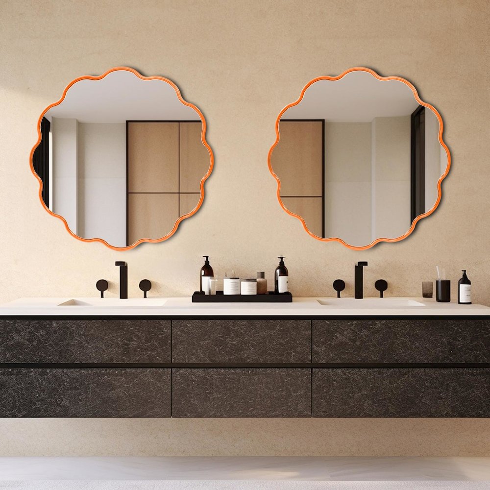 Kushi Round Scalloped Edge Mirror in Glossy Orange. Picture 7