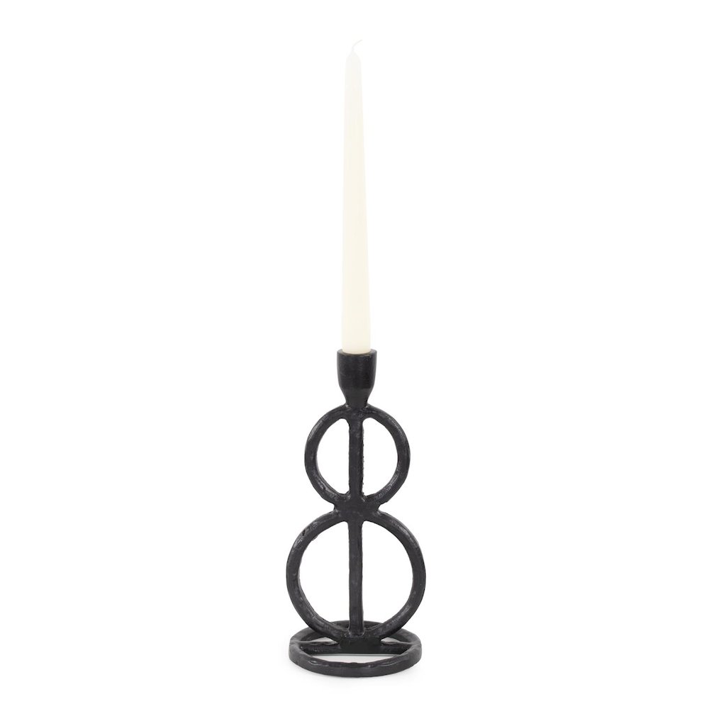 Double Circle Arman Aluminum Candlestick in Black. Picture 1