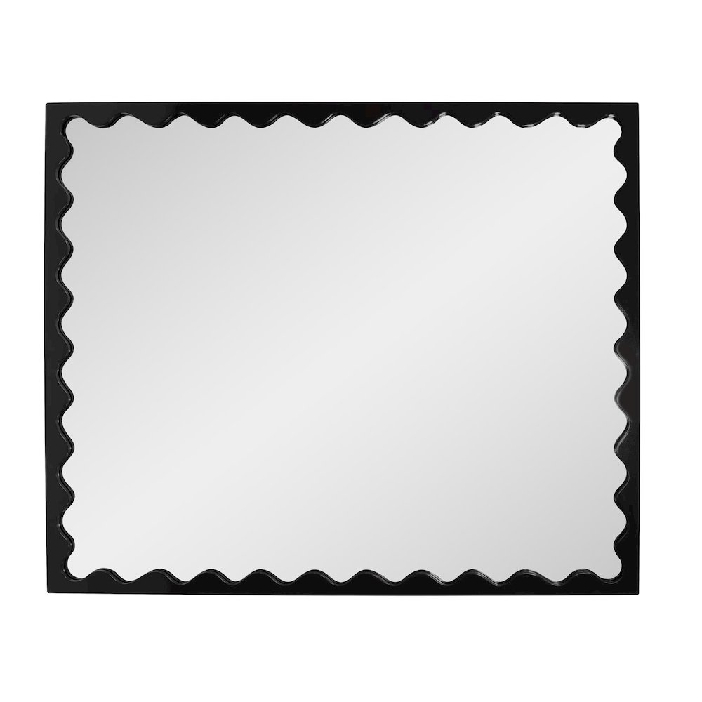 Santosh Rectangular Mirror with Inner Scalloped Edge in Glossy Black. Picture 4