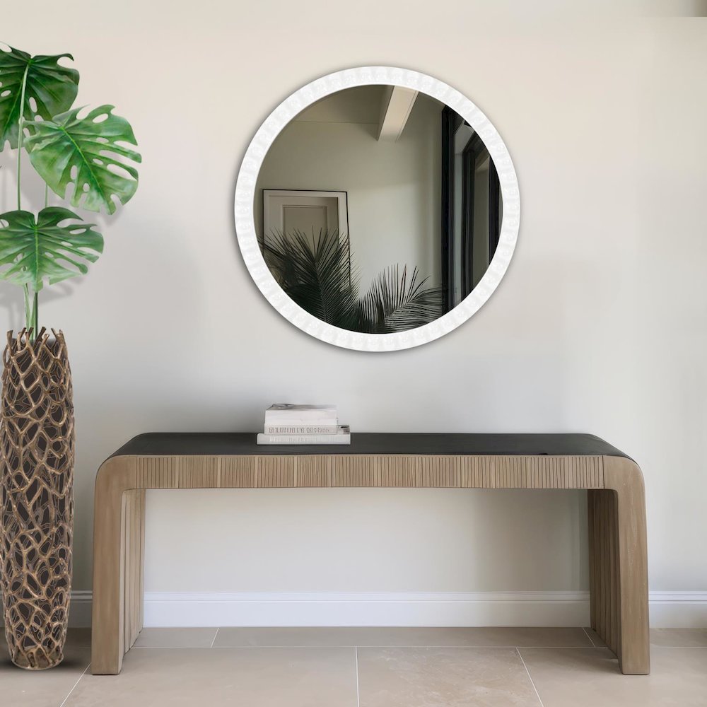Varsha Round Oversized Beaded Mirror in Glossy White. Picture 7