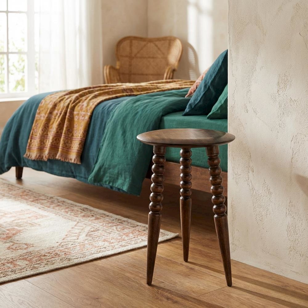 Round Wood Side Table – Small Round Nightstand in Brown Mango Finish. Picture 3