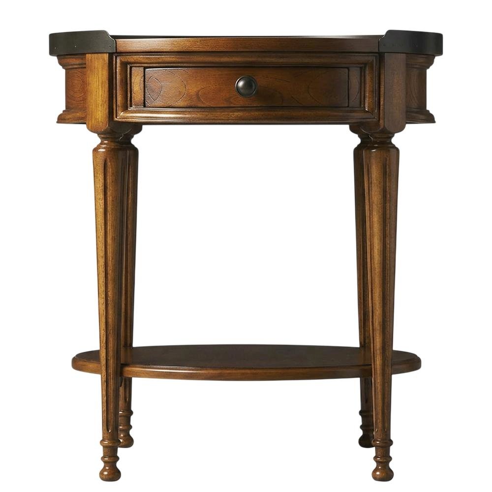 Round Side Table with Drawer, Transitional Accent Table, Olive Ash. Picture 1