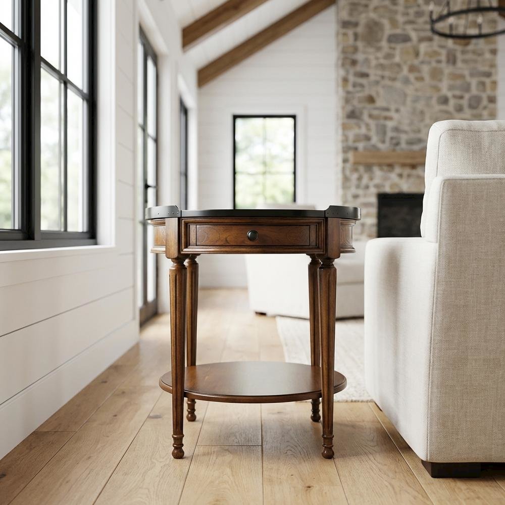 Round Side Table with Drawer, Transitional Accent Table, Olive Ash. Picture 2