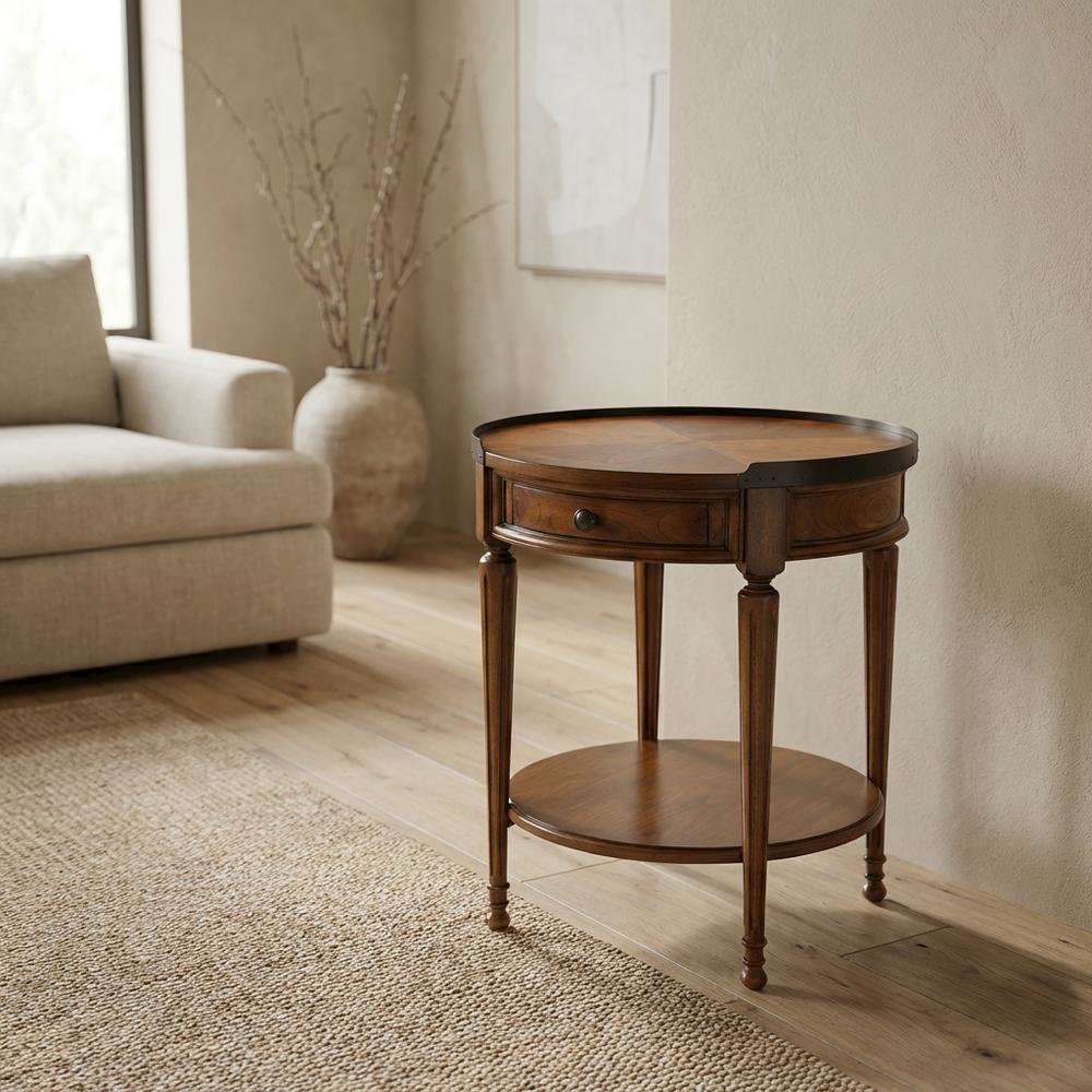 Round Side Table with Drawer, Transitional Accent Table, Olive Ash. Picture 3