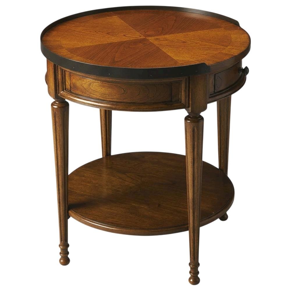 Round Side Table with Drawer, Transitional Accent Table, Olive Ash. Picture 5