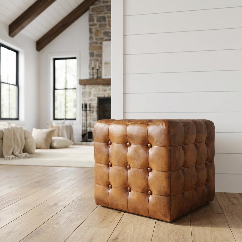 Square Leather Upholstered Ottoman, Transitional Footrest for Living Room. Picture 2