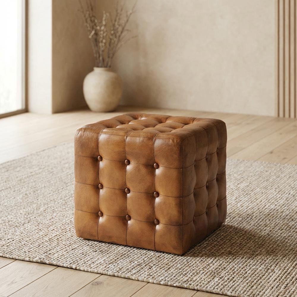 Square Leather Upholstered Ottoman, Transitional Footrest for Living Room. Picture 3