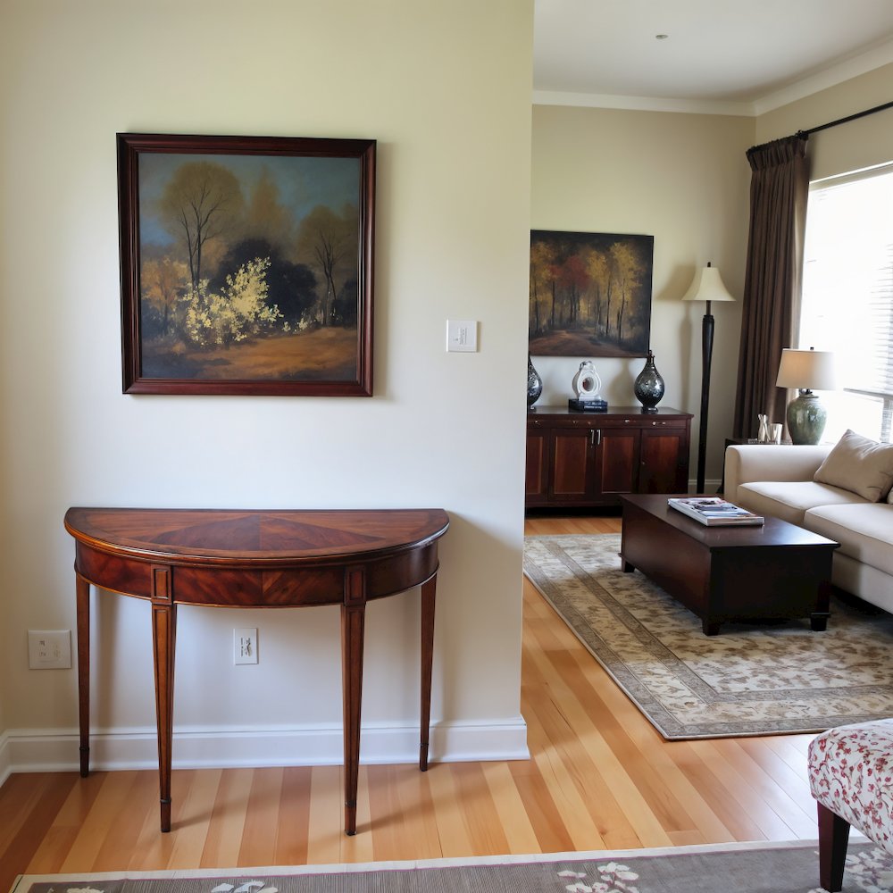 Medium Brown Half Moon Console Table for Living Room and Entryway. Picture 4