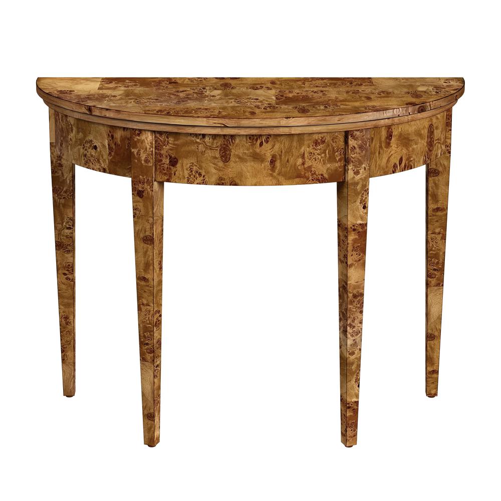 Hampton Demilune Burl 36" Console Table, Medium Brown. Picture 1