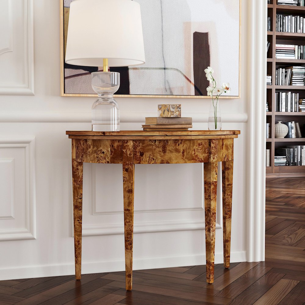Hampton Demilune Burl 36" Console Table, Medium Brown. Picture 2