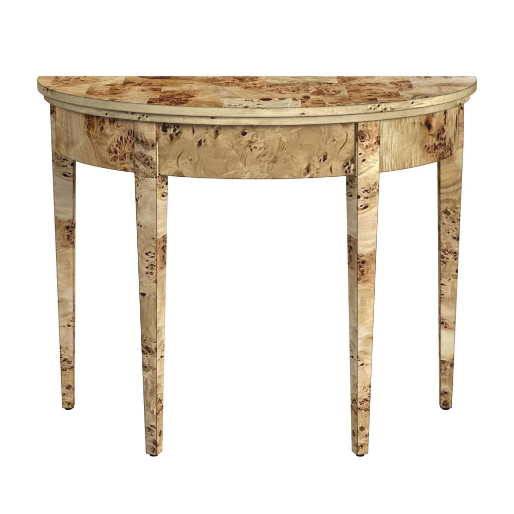 Hampton Demilune Burl 36" Console Table, Light Brown. Picture 1