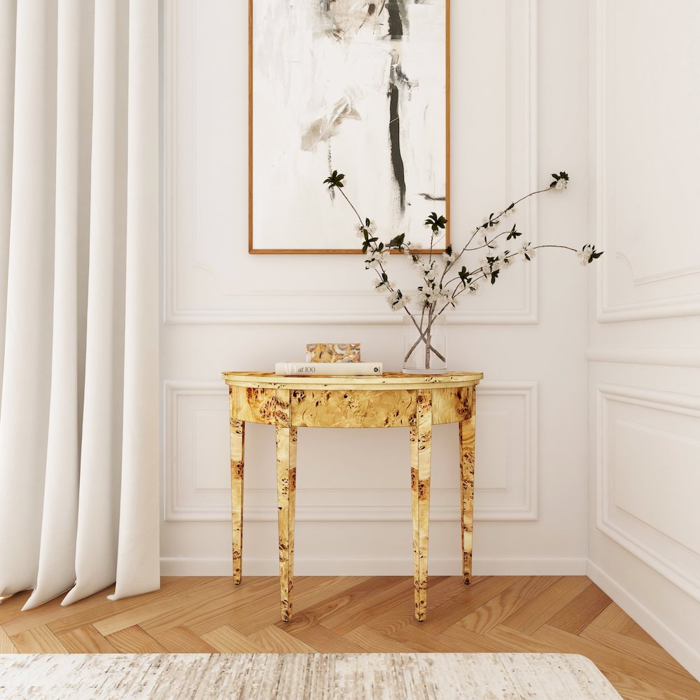 Hampton Demilune Burl 36" Console Table, Light Brown. Picture 6
