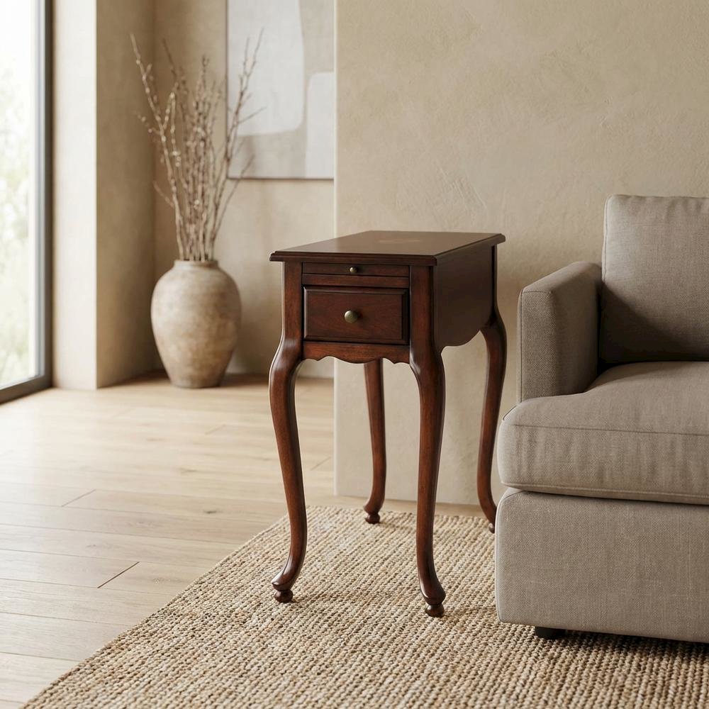 Traditional Chairside Table with Drawer, Wood End Table for Living Room, Cherry. Picture 3