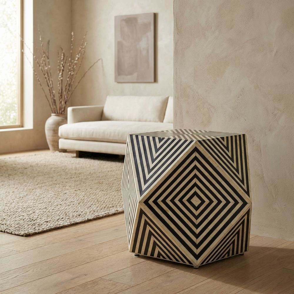 Geometric Square Side Table, Modern Bone Inlay Accent Table for Living Room. Picture 3