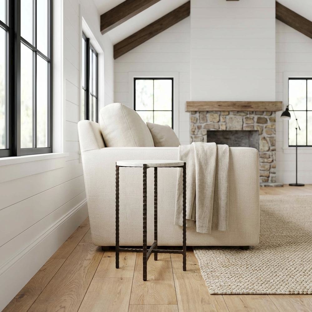Round Side Table with Metal Base, Transitional End Table for Living Room. Picture 2