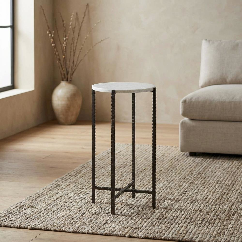 Round Side Table with Metal Base, Transitional End Table for Living Room. Picture 3