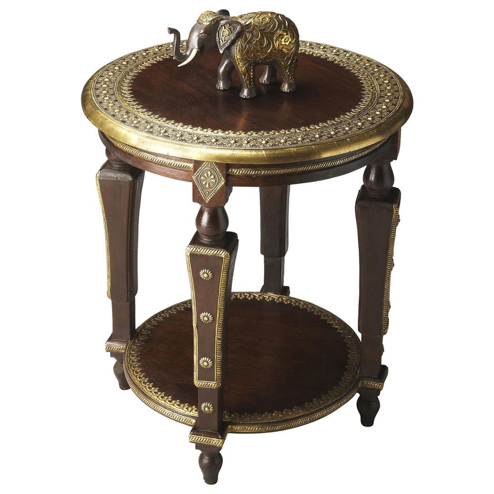 Ranthore Round Brass 20"W Side Table, Dark Brown. Picture 1