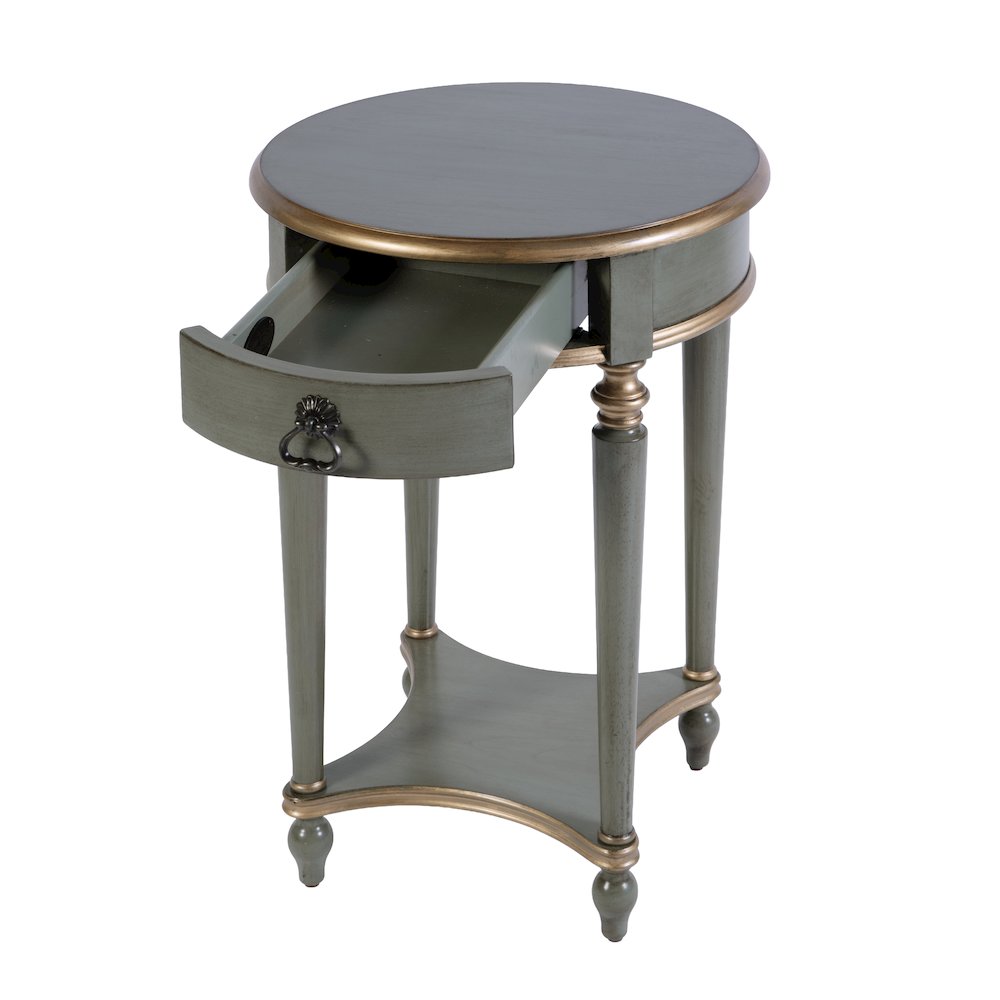 Jules 17.5 in. W Round Wood 1 Drawer End Table,Lower Open Shelf, Pastel Green. Picture 4