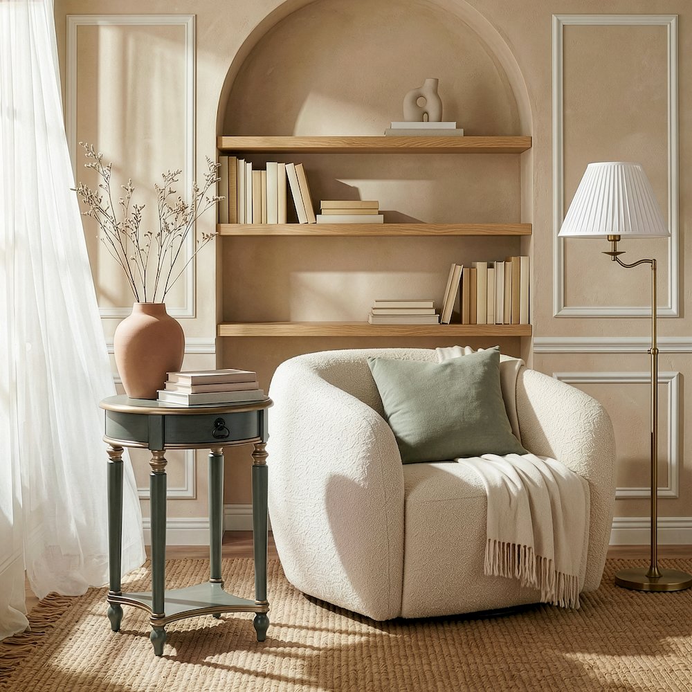 Jules 17.5 in. W Round Wood 1 Drawer End Table,Lower Open Shelf, Pastel Green. Picture 2