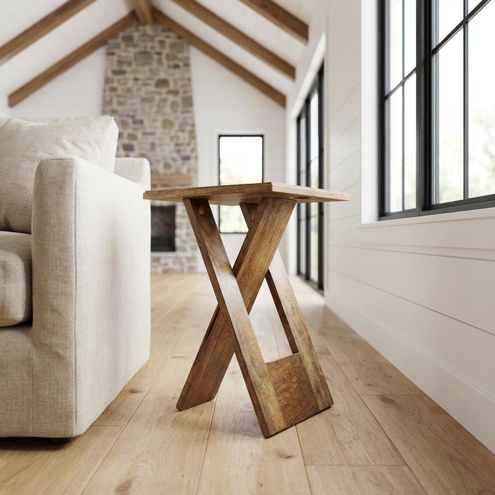 Square Folding Side Table, Transitional Wood Accent Table for Living Room, Brown. Picture 2